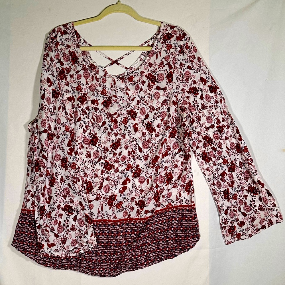 Faded Glory Peasant Style Red Chintz Romantic Floral Blouse Women's size XL